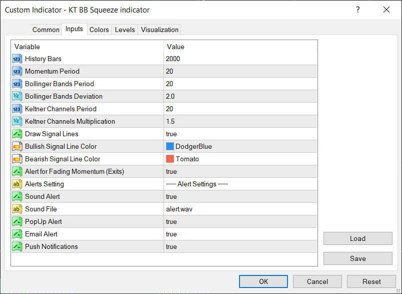 kt bb squeeze indicator input settings