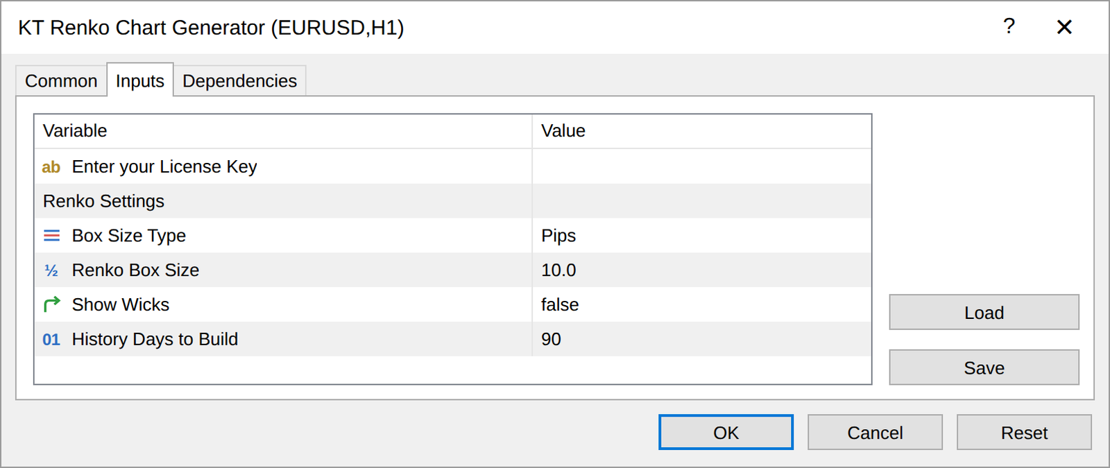 KT Renko Chart Generator Inputs MT5 KT Renko Live Chart Generator input settings in MT5