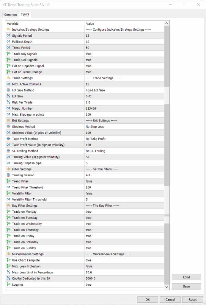kt trend trading suite ea input settings