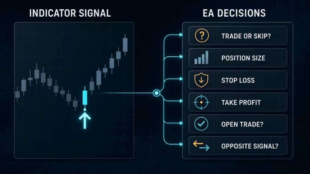 An indicator signal versus the trade decisions an Expert Advisor must make