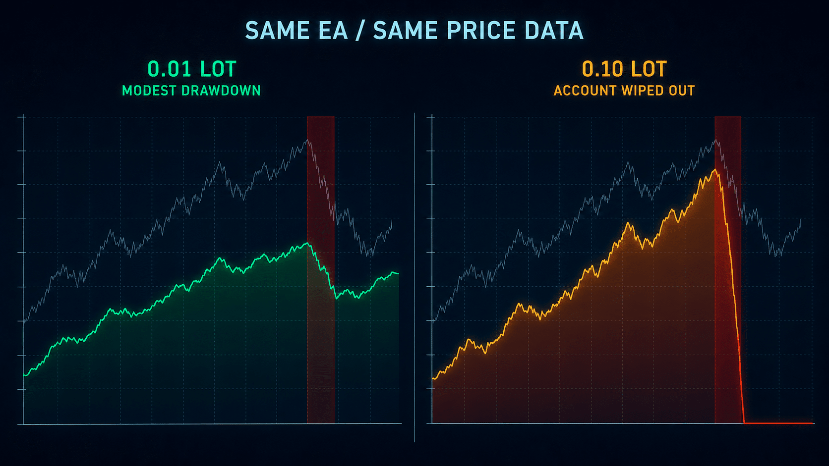 martingale ea lot size risk The same martingale EA showing modest drawdown at 0.01 lot and account wipeout at 0.10 lot using identical price data.