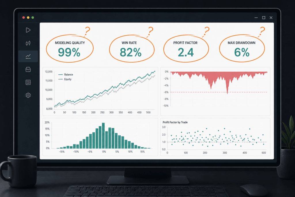 A MetaTrader Strategy Tester report with commonly trusted backtest metrics highlighted for scrutiny