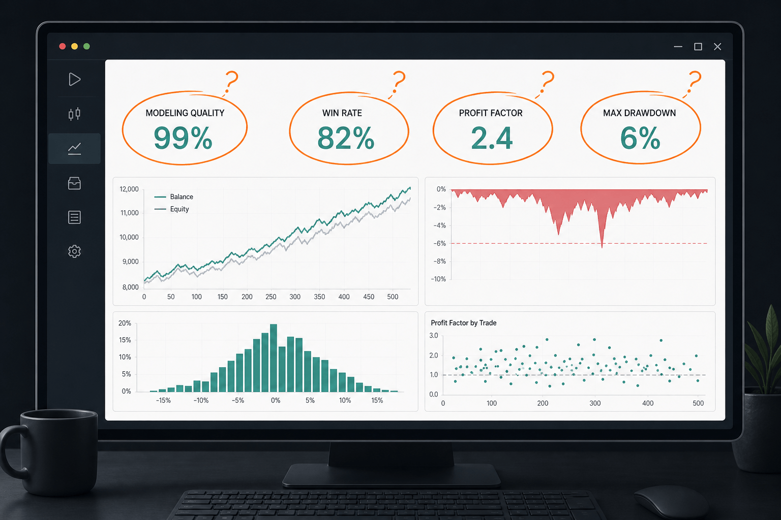 A MetaTrader Strategy Tester report with commonly trusted backtest metrics highlighted for scrutiny