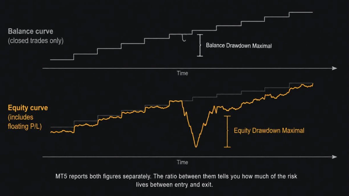 Diagram comparing balance drawdown and equity drawdown on the same trading period