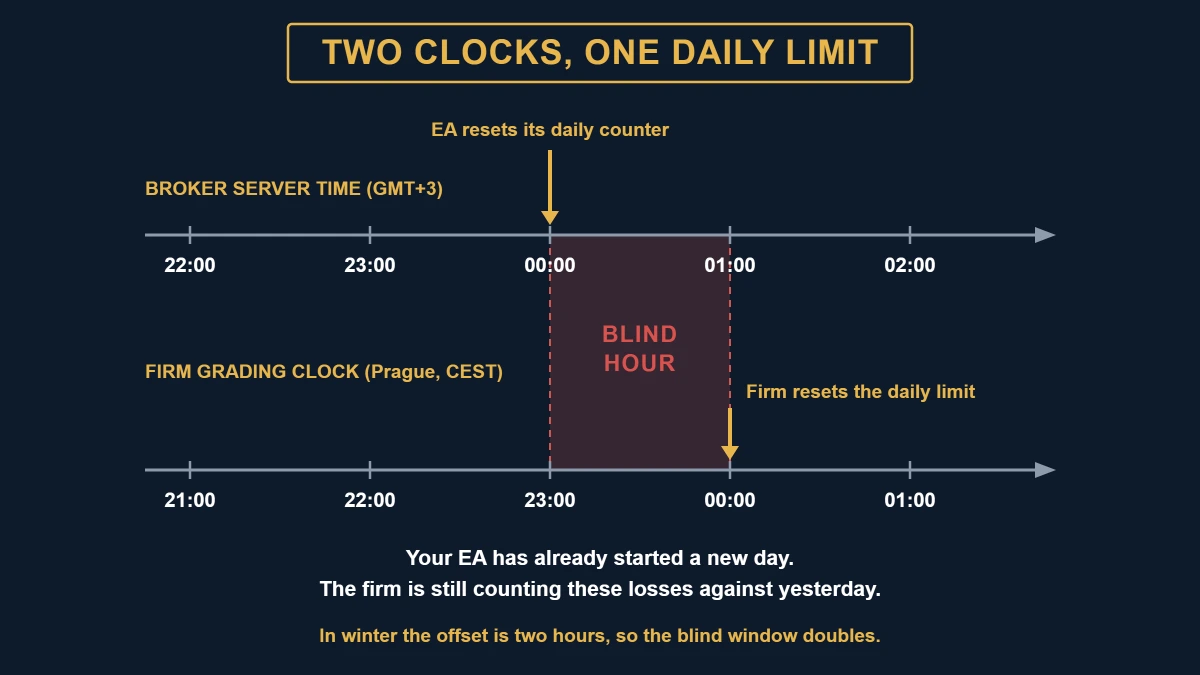 Timeline showing the gap between a daily drawdown limit EA resetting on broker server time and a prop firm resetting on Prague time