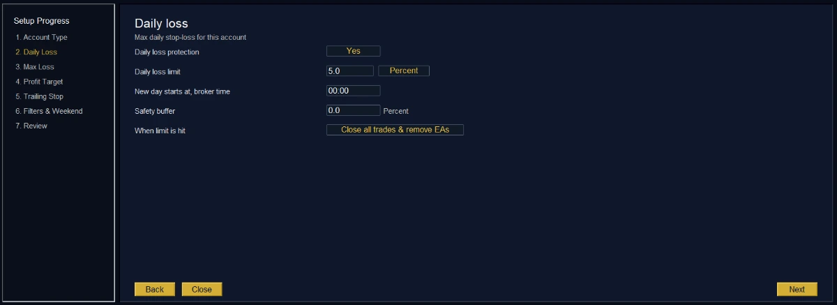KT Equity Protector EA setup wizard daily loss step showing the anchor selector and safety buffer field