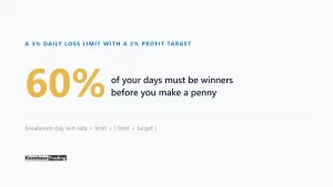 Card showing that a 3 percent daily loss limit paired with a 2 percent profit target requires 60 percent of days to be winners to break even
