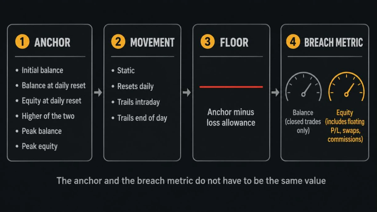 Diagram showing the anchor, movement, floor and breach metric that make up a drawdown rule