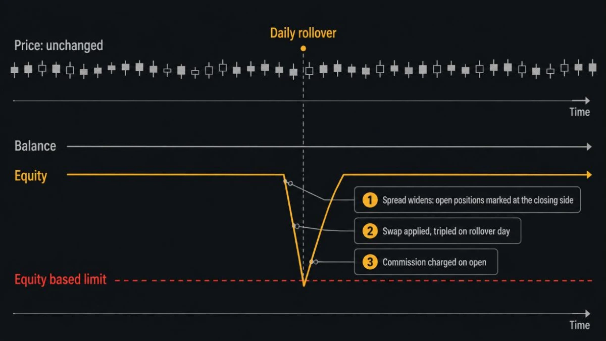 Diagram showing equity dipping below an equity based drawdown limit at rollover while balance stays flat