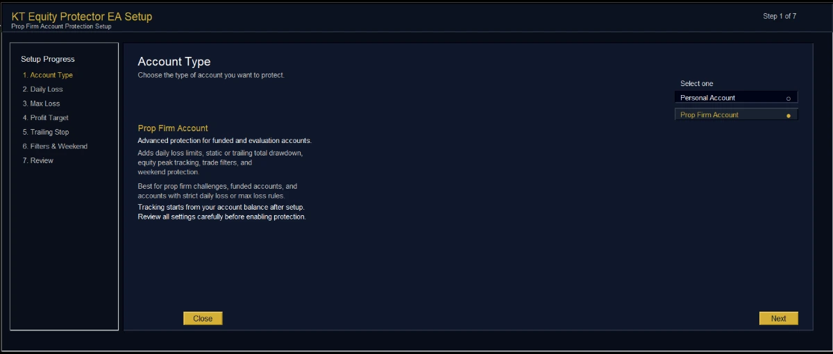 KT Equity Protector EA setup wizard step 1 of 7 showing the account type question with personal and prop firm options