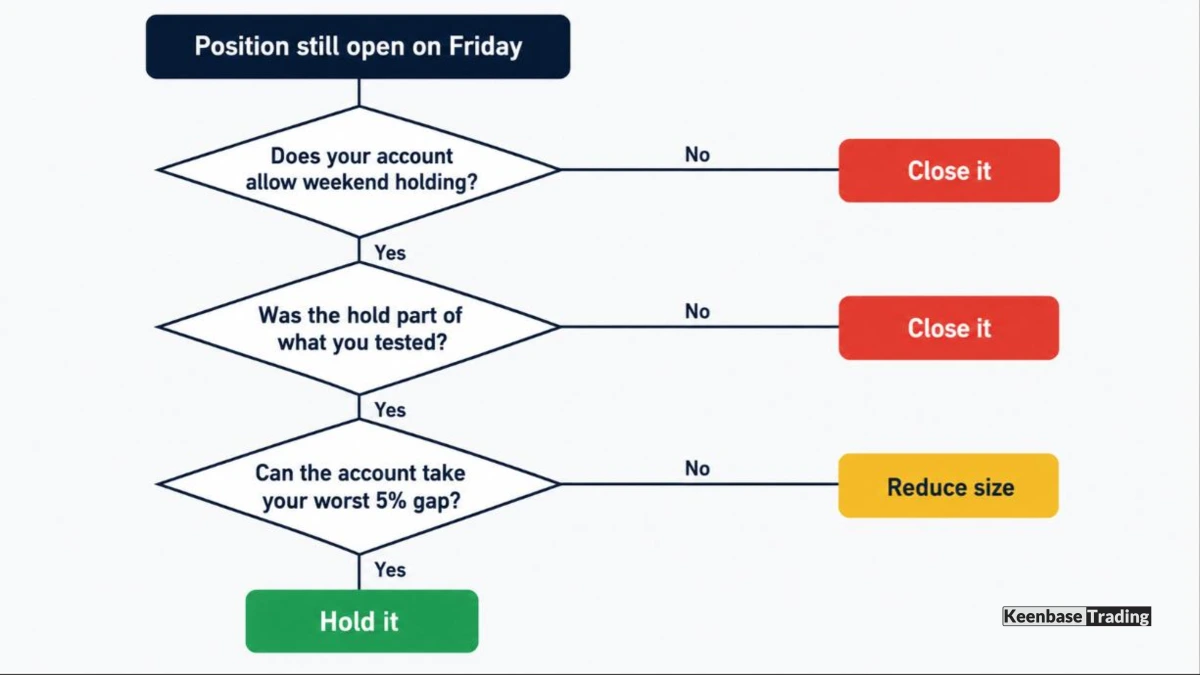 Decision tree for holding a forex position over the weekend, branching on account rules, whether the hold was tested, and whether the worst five percent gap is survivable