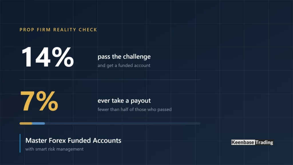 Prop firm reality check showing 14 percent of traders pass the challenge and 7 percent ever take a payout