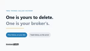 Title card contrasting MetaTrader price history stored on your disk with broker trade history stored on the server