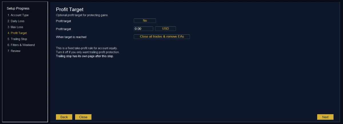 KT Equity Protector EA setup wizard step 4, Profit Target, showing the target amount field and the action taken when the target is reached