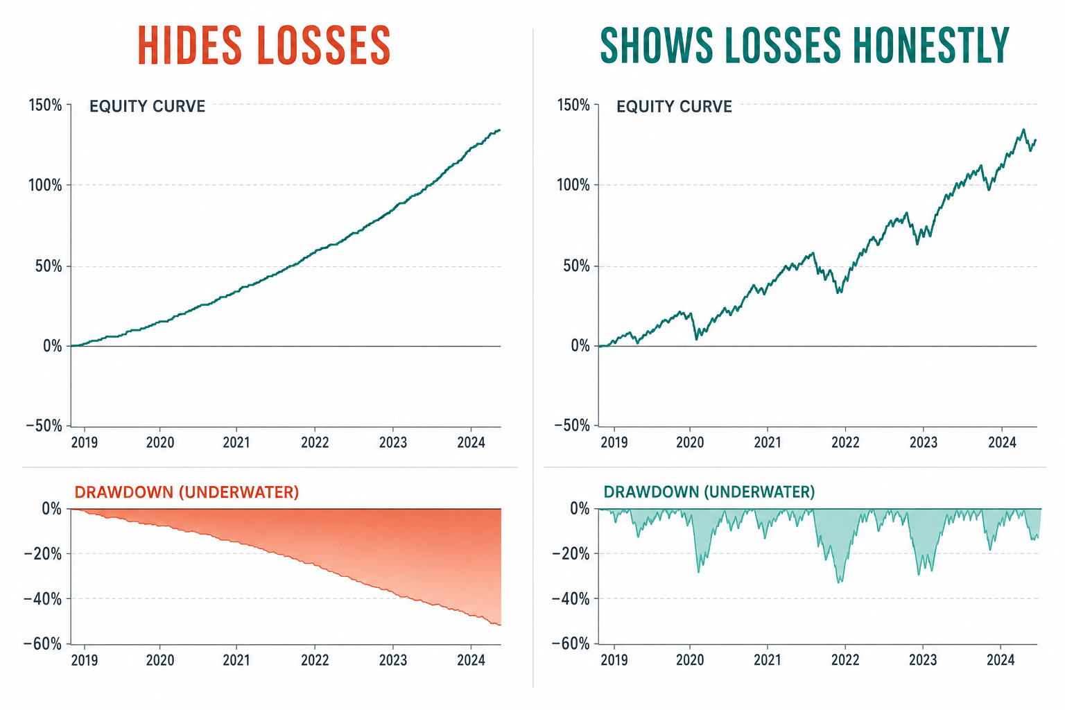 A suspiciously smooth equity curve compared with an honest equity curve showing real drawdowns