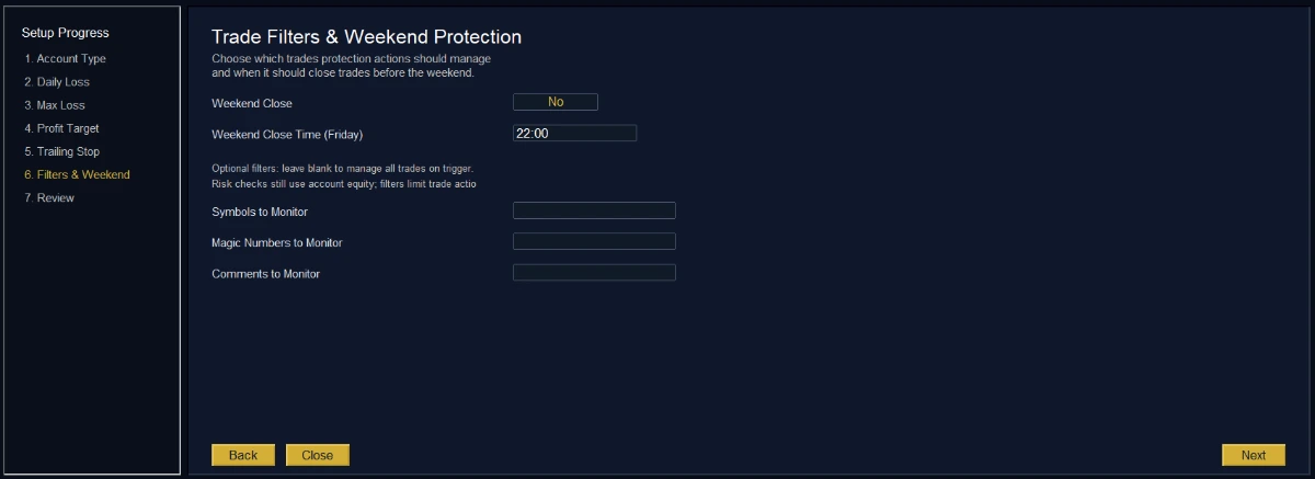 KT Equity Protector EA setup wizard step 6, Trade Filters and Weekend Protection, showing the Friday weekend close time and the symbol, magic number and comment filters