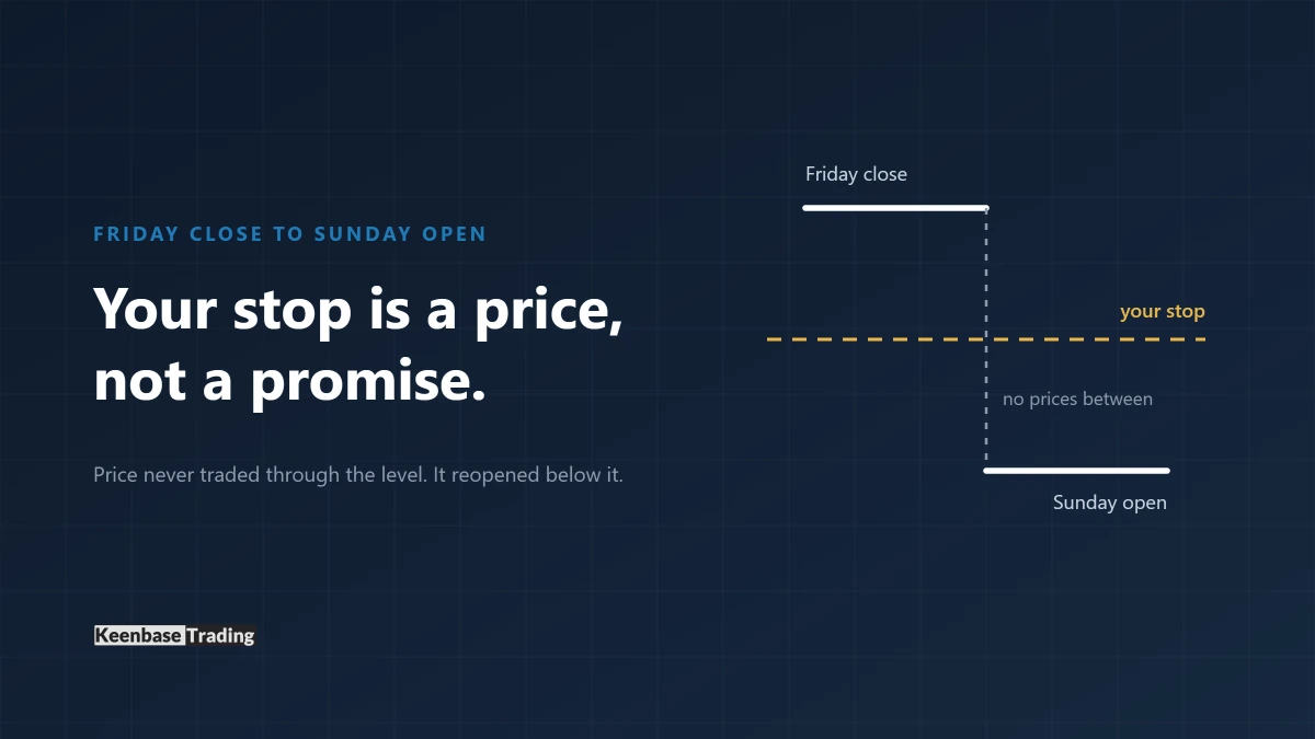 Card showing a Sunday opening price below a stop level that price never traded through, with the line your stop is a price not a promise