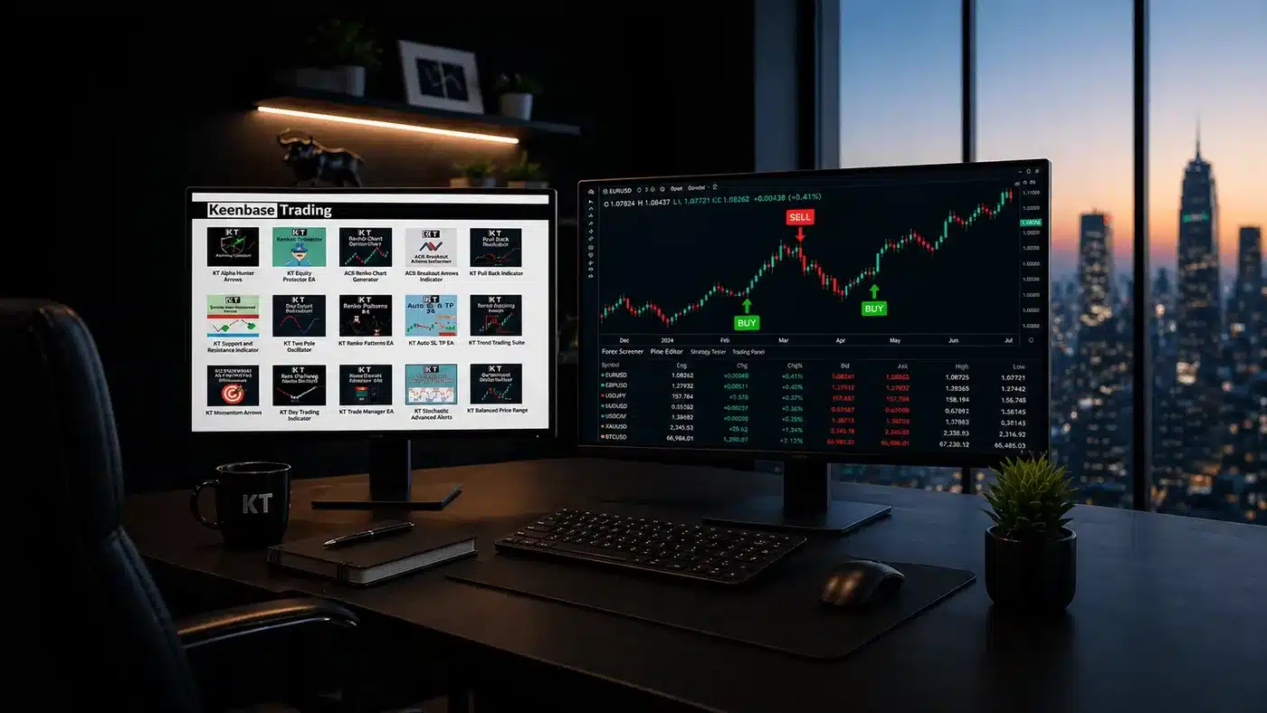 A trader's desk: dual monitors showing the Keenbase Trading tool library and a MetaTrader chart with BUY and SELL signals, overlooking a city skyline.
