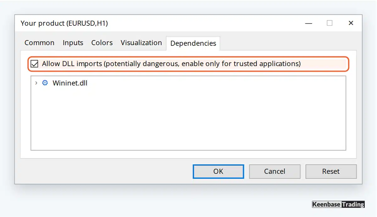 MT5 settings window, Dependencies tab, with Allow DLL imports ticked above the DLL list