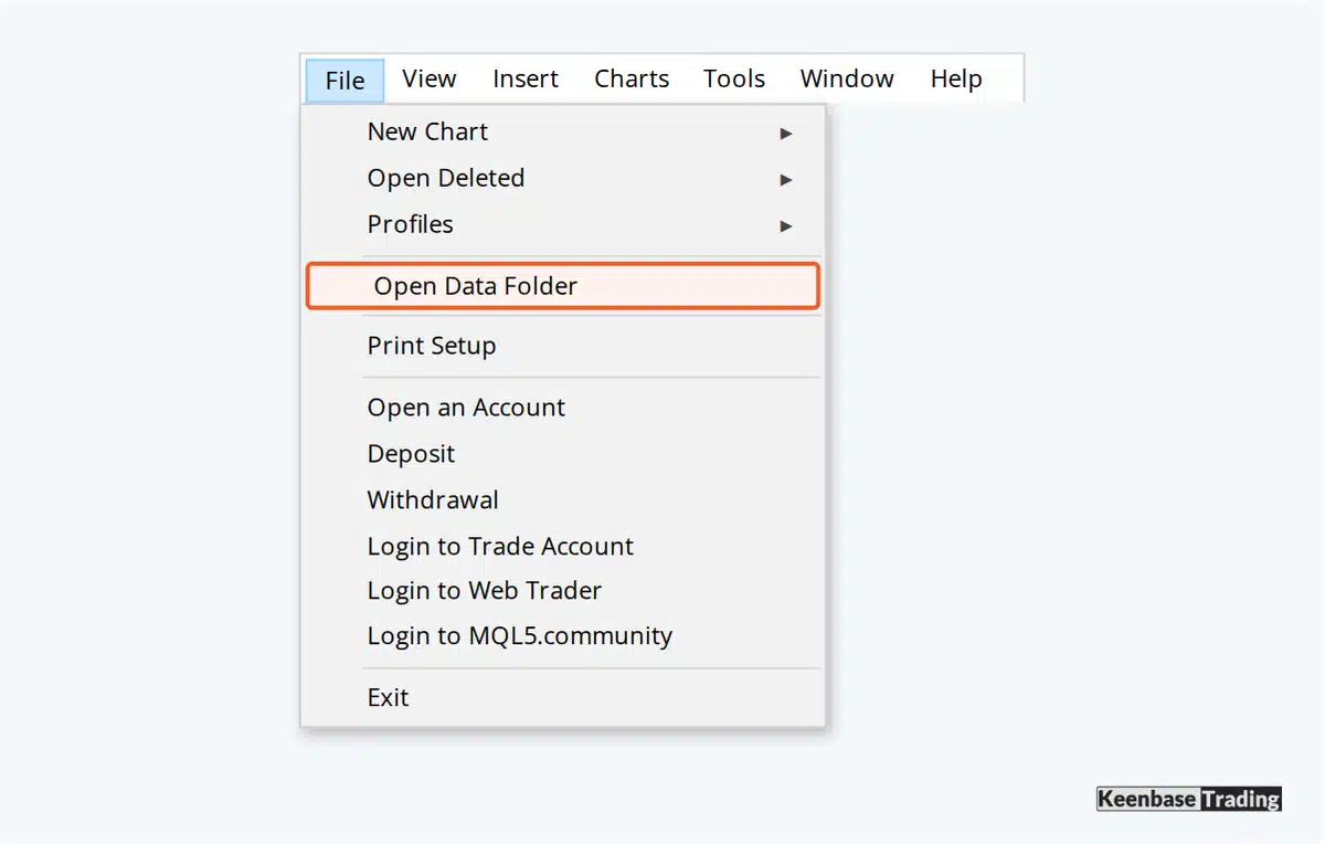 MT5 File menu with Open Data Folder highlighted