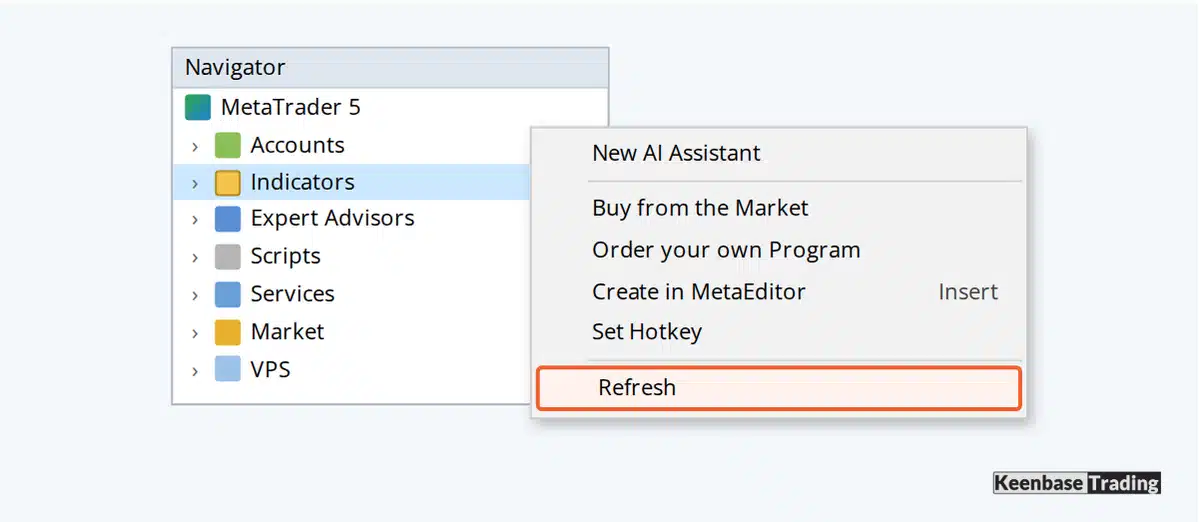 MT5 Navigator right click menu on Indicators with Refresh highlighted