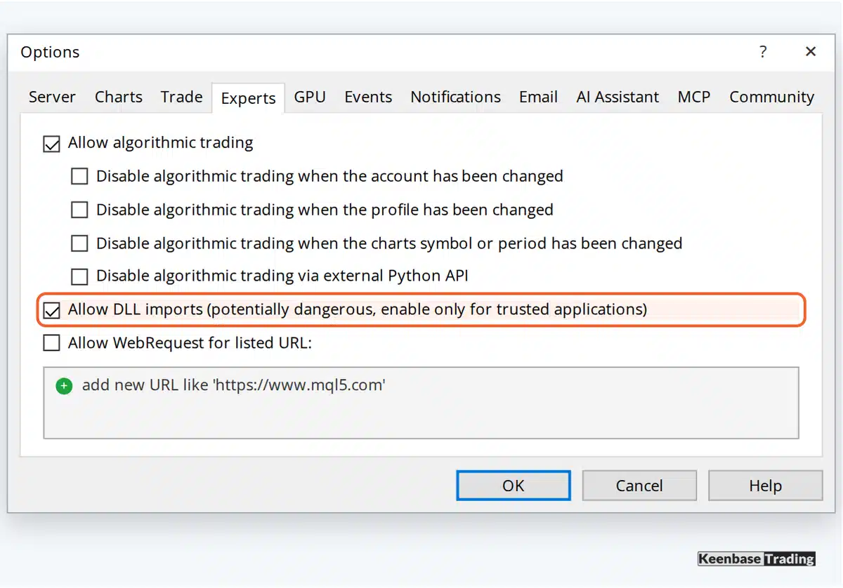 MT5 Tools Options window, Experts tab, with Allow DLL imports highlighted
