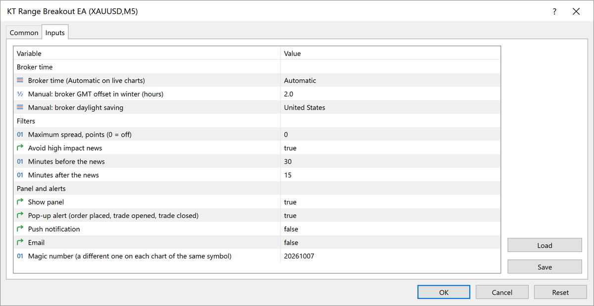 KT Range Breakout EA input settings in MetaTrader, part 3 of 3 KT Range Breakout EA input settings in MetaTrader, part 3 of 3