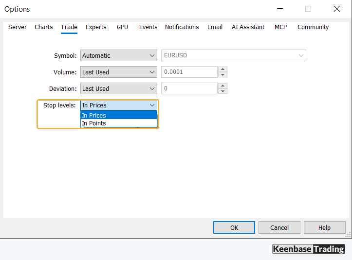 MT5 Options Trade tab with the Stop levels drop-down showing In Prices and In Points, and no field for a default value